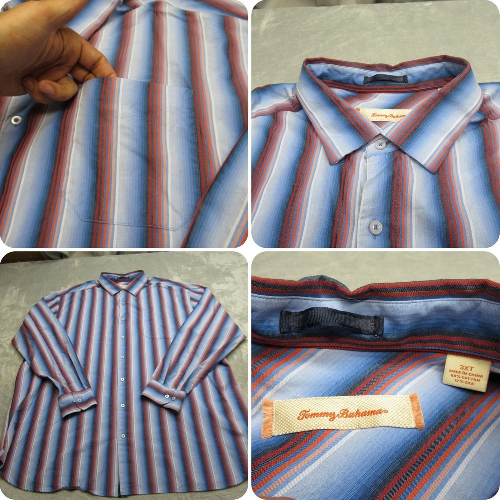Tommy Bahama Dress Shirt Mens 3XT Blue Red Striped‎ Silk Blend Formal Vibrant